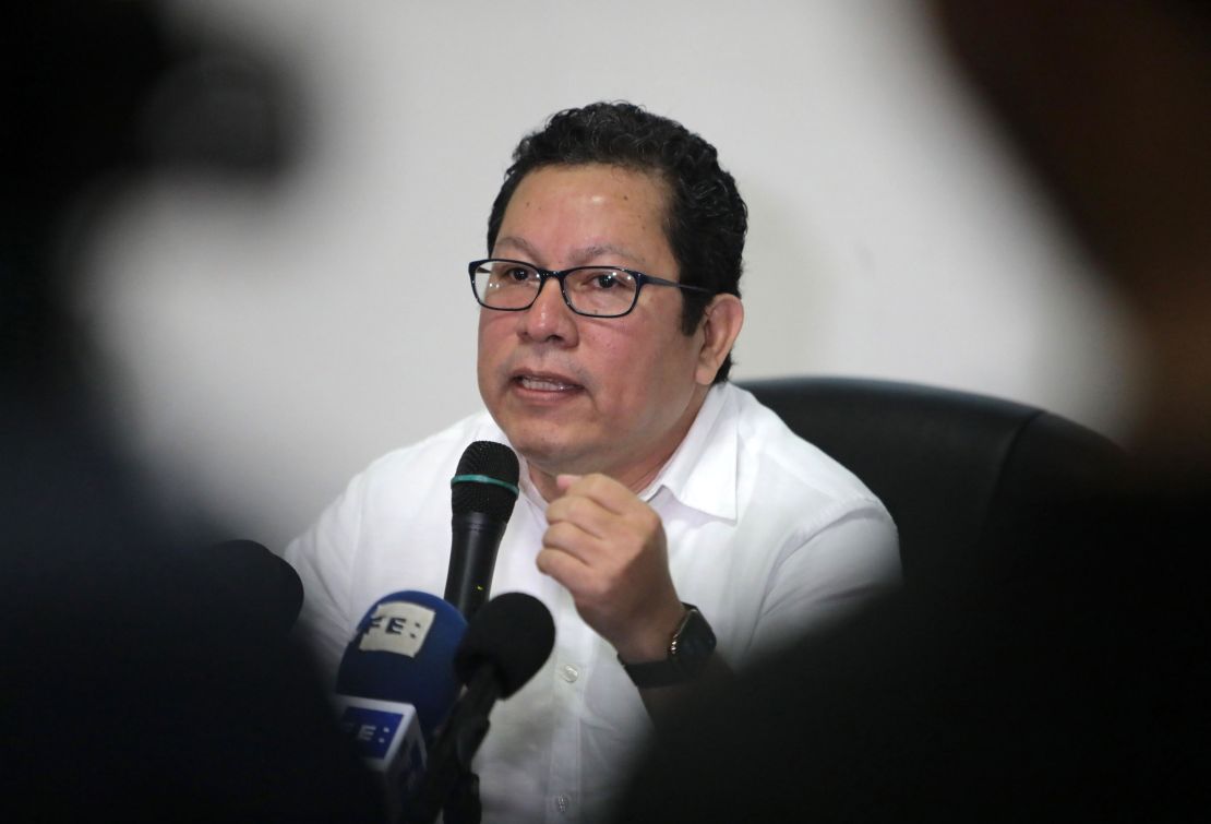 Nicaraguan journalist Miguel Mora speaks during a press conference in Managua, on December 13, 2019. 
