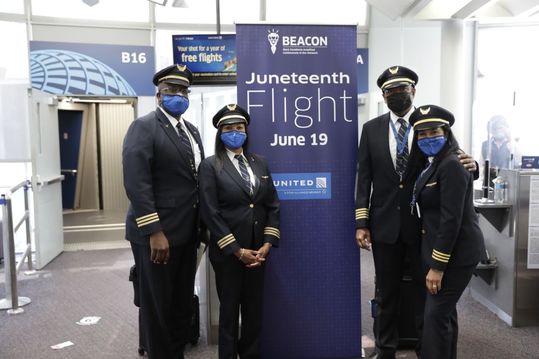 Deon Byrne (second from left), one of the pilots of the Juneteenth flight, said in the 25 years she's been in the aviation industry, she's never worked with a crew that has even been half Black, which made this experience incredibly unique.