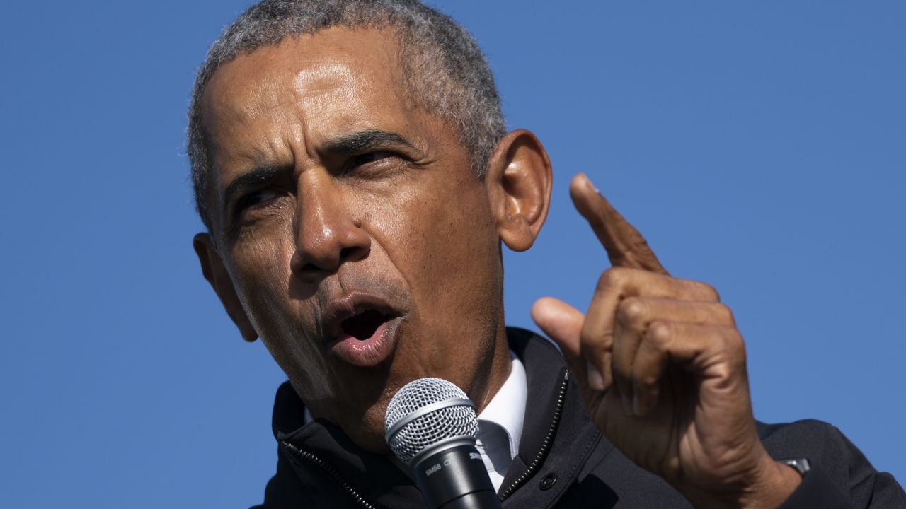 FLINT, MI - OCTOBER 31: Former U.S. President Barack Obama speaks during a drive-in campaign rally for Democratic presidential nominee Joe Biden at Northwestern High School on October 31, 2020 in Flint, Michigan. Biden is campaigning with former President Obama on Saturday in Michigan, a battleground state that President Donald Trump narrowly won in 2016. (Photo by Drew Angerer/Getty Images)