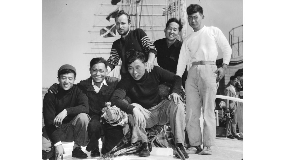<strong>The crew: </strong>In 1955, five Chinese fishermen and an American vice-consul set sail for the US from Taiwan's Keelung Harbour on a Chinese junk boat. Pictured, left to right, are Paul Chow, Hu "Huloo" Loo-chi, Calvin Mehlert, Reno Chen, Marco Chung and Benny Hsu.  