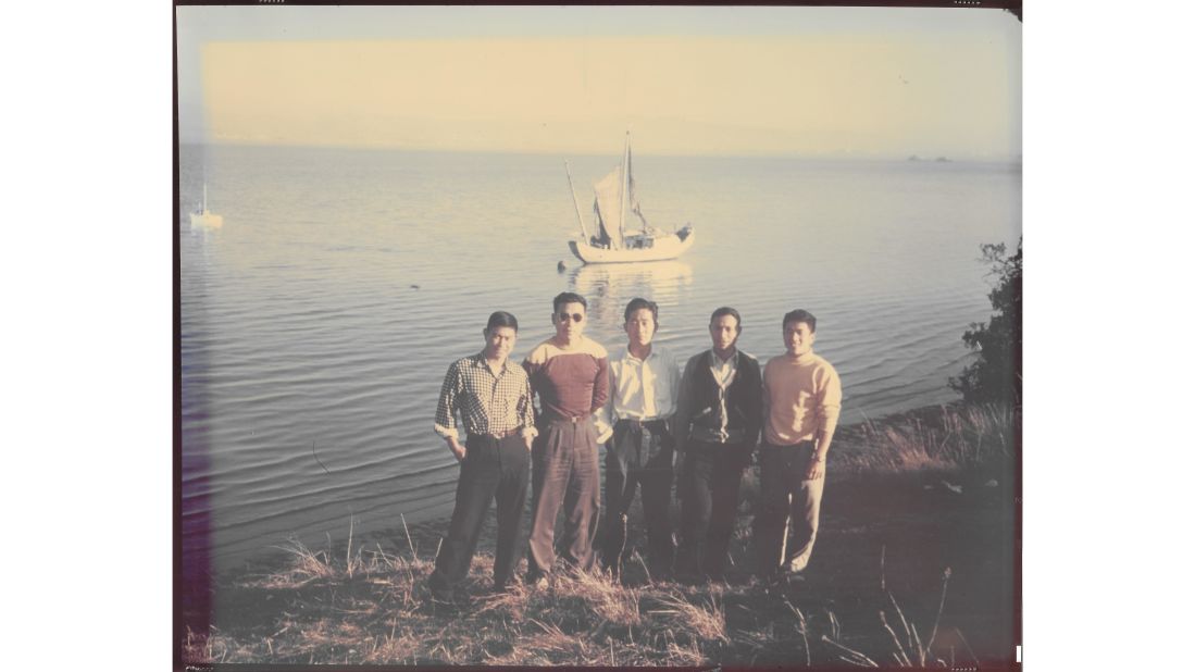 <strong>China Camp, San Francisco: </strong>The five Chinese crew stand together in front of the Free China junk boat after arriving in San Francisco.