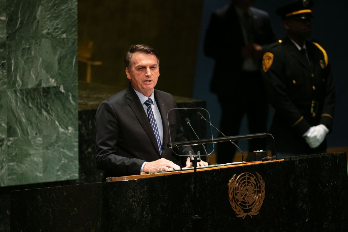 Jair Bolsonaro, Brazil's president, speaks during the UN General Assembly meeting in New York, U.S., on Tuesday, Sept. 24, 2019. 