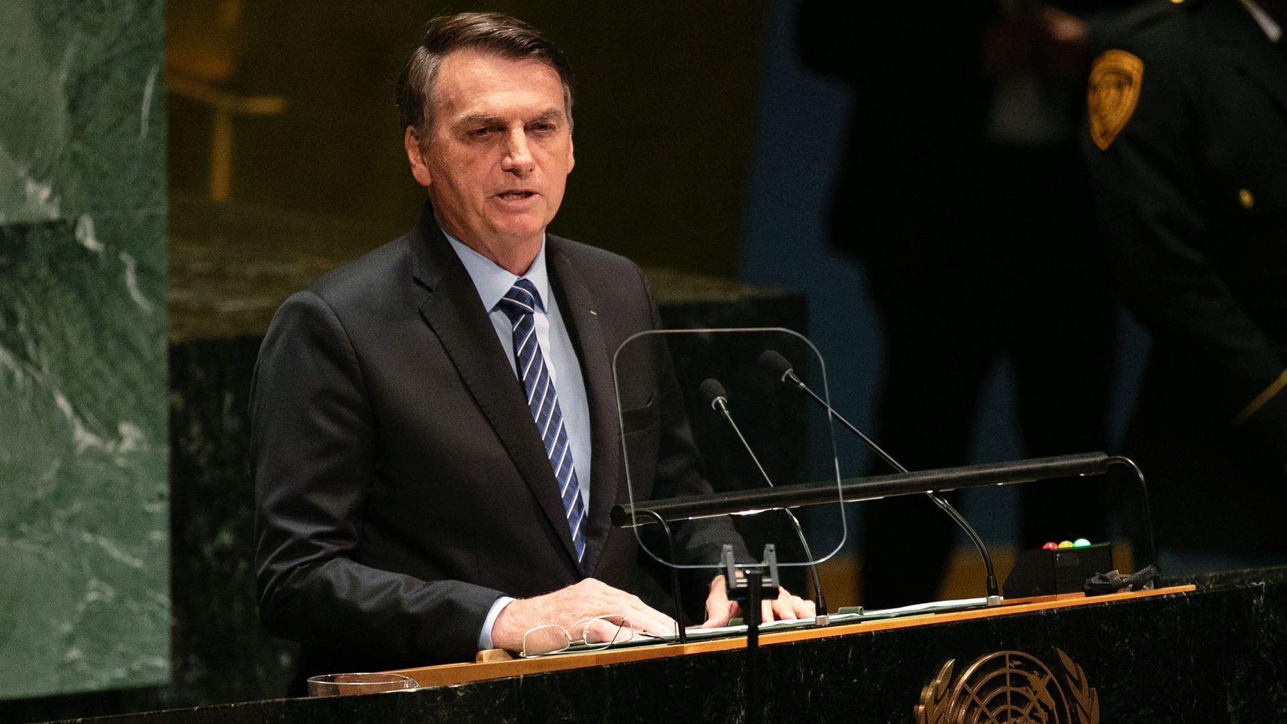 Jair Bolsonaro, Brazil's president, speaks during the UN General Assembly meeting in New York, U.S., on Tuesday, Sept. 24, 2019. 