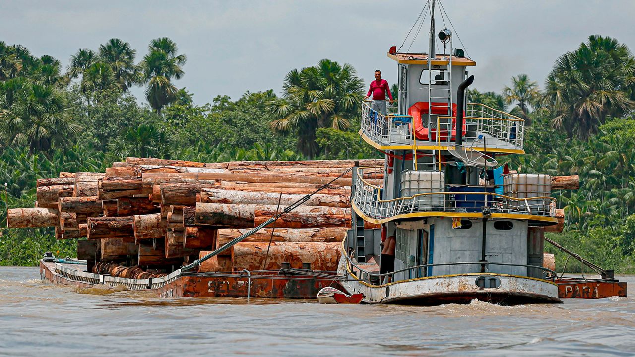 A vessel transports logs on a raft along the Murutipucu River in the municipality of Igarape-Miri in the region of Baixo Tocantins, northeast of Para, Brazil, on September 18, 2020.