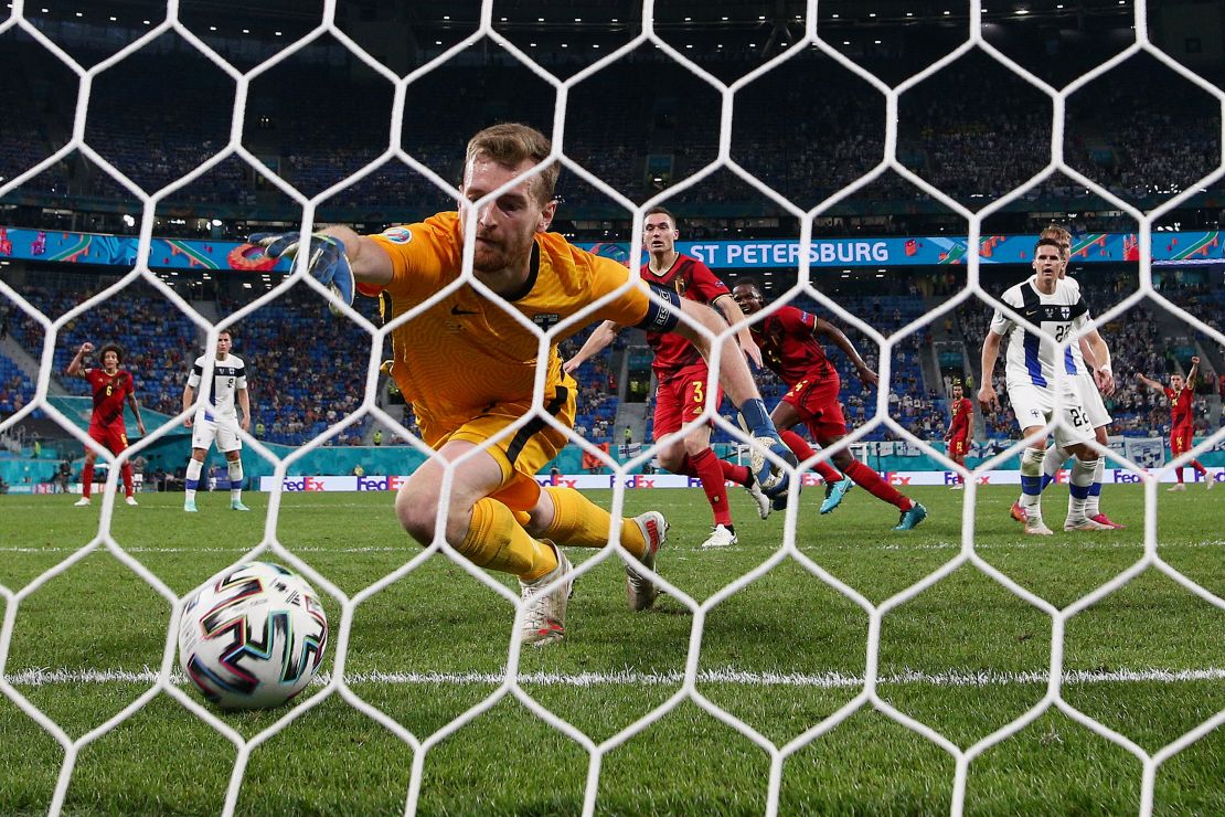 Finland goalkeeper Lukas Hradecky scores an own goal as he attempts to save from Thomas Vermaelen of Belgium during the Euro 2020 Group B match in St. Petersburg.