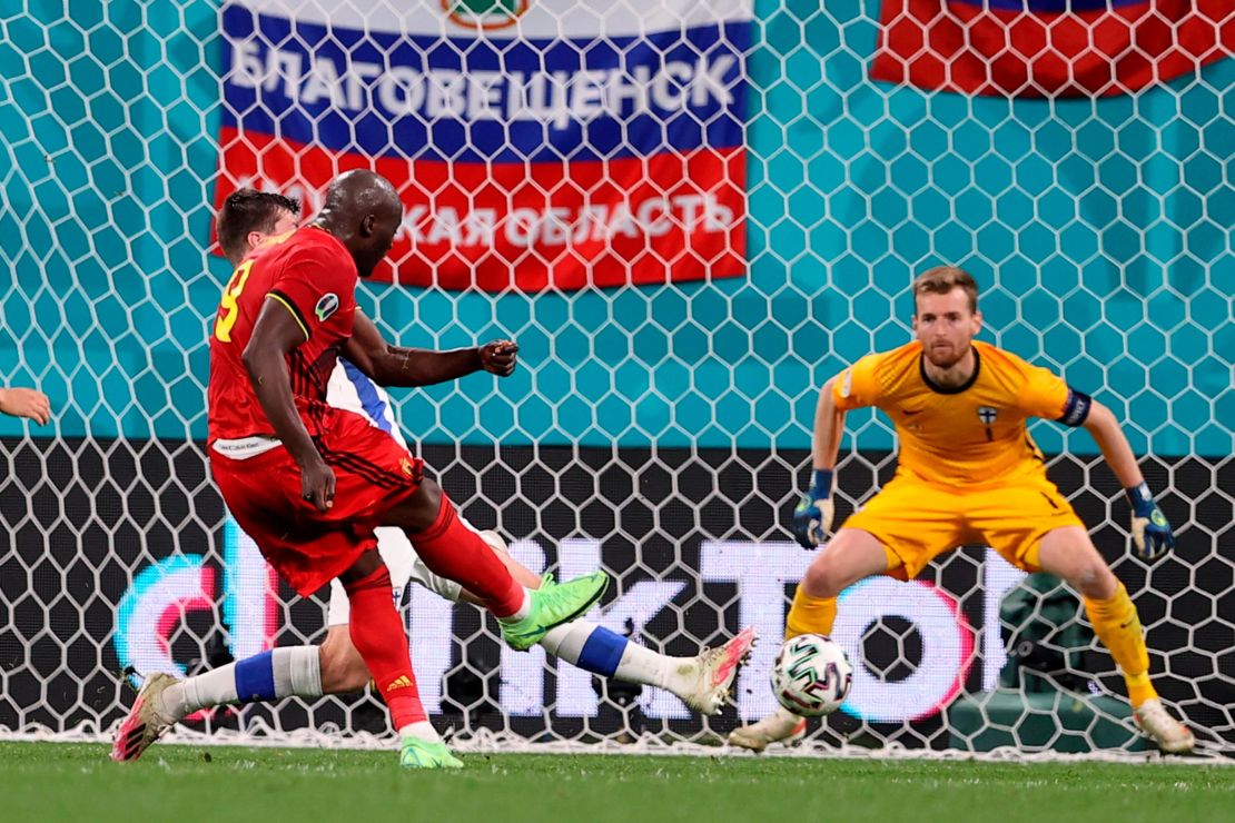 Belgium's Romelu Lukaku scores his side's second goal in their 2-0 win against Finland.