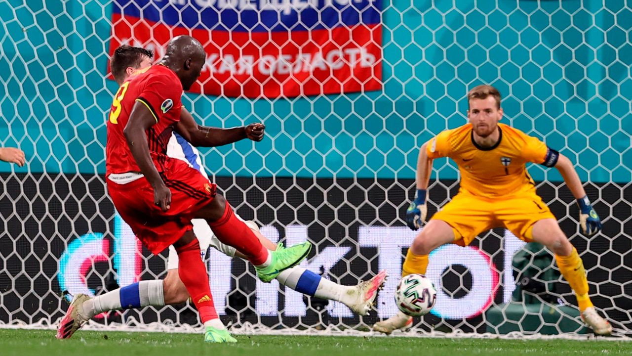 Belgium's Romelu Lukaku scores his side's second goal in their 2-0 win against Finland.