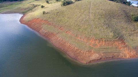 Low water levels are shown on the Jacareí River in Brazil's São Paulo state on June 13, 2021. A drought that has parched large parts of the country is also stoking worries about the coming fire season.