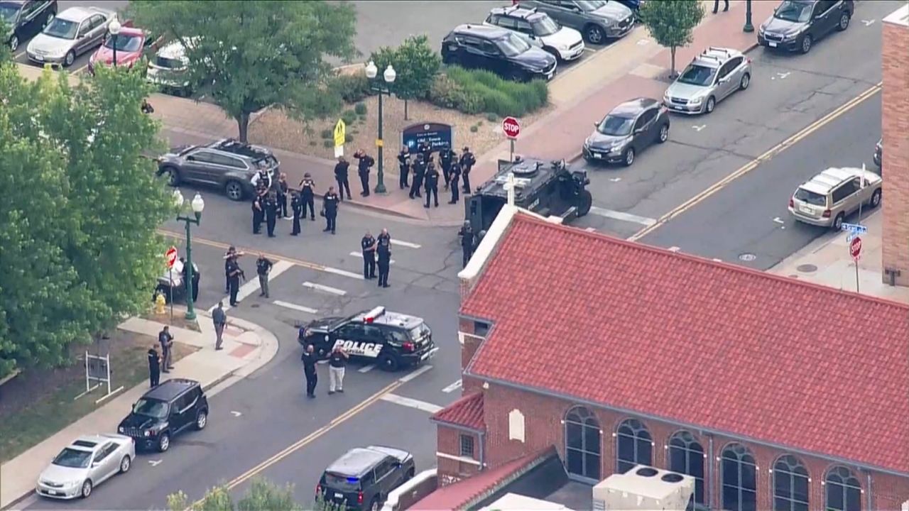 Aerial photo of the scene at Olde Town Square in Arvada, Colorado.