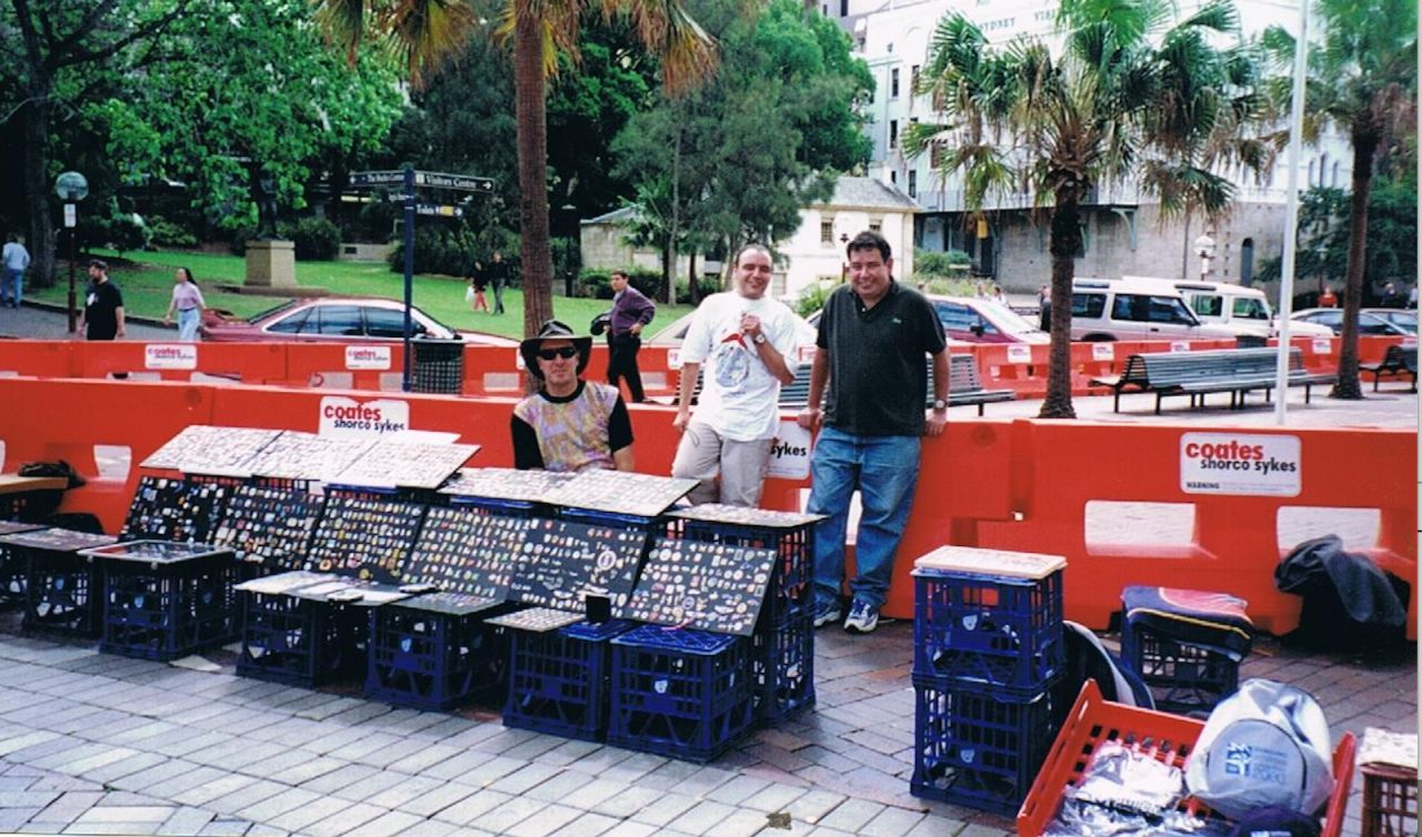 Shlomi Tsafrir (far left) pictured trading pins at the 2000 Games in Sydney.