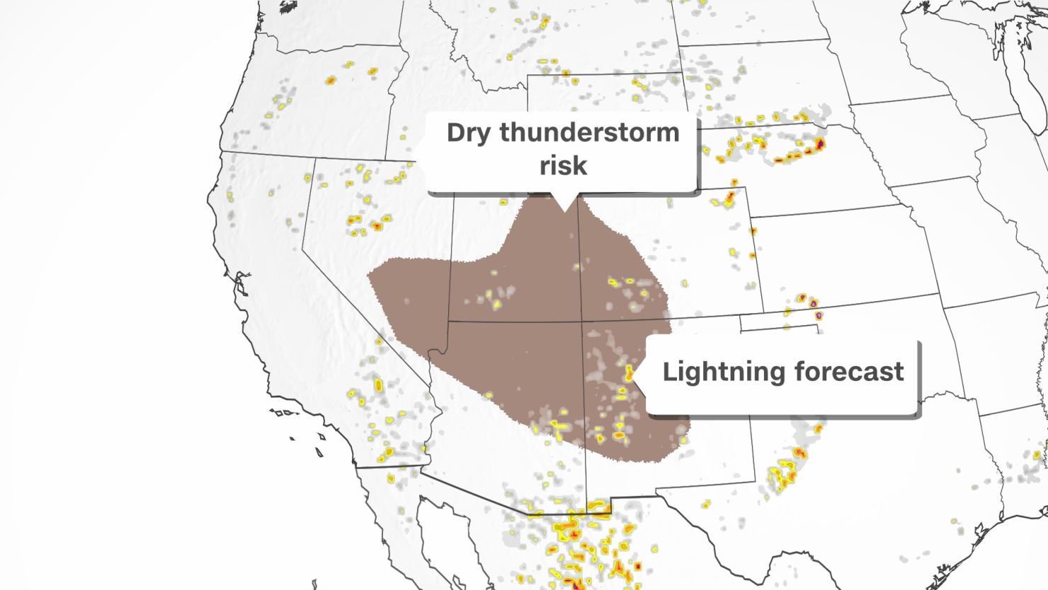 Dry thunderstorm's are likely Wednesday within the area shaded in brown.