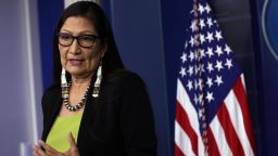 U.S. Secretary of the Interior Deb Haaland speaks during a daily press briefing at the James Brady Press Briefing Room of the White House April 23, 2021 in Washington, DC. 