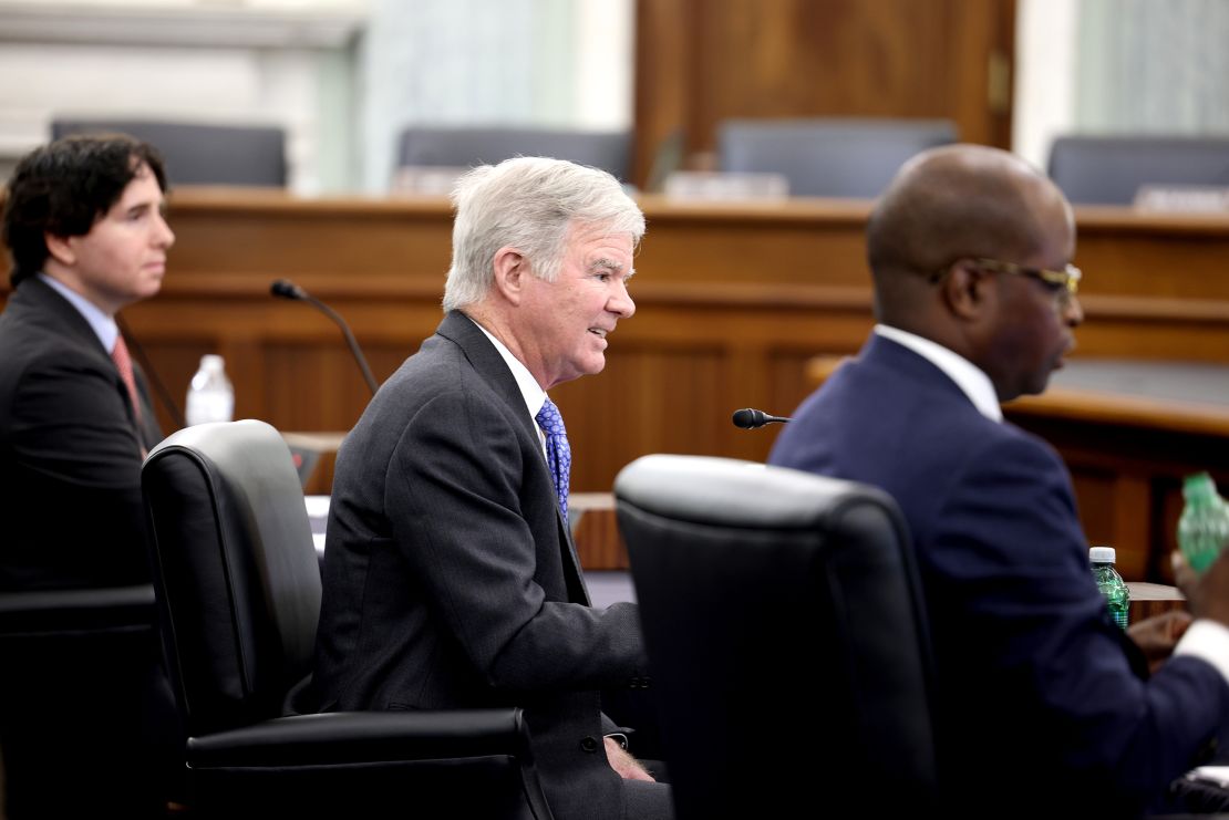 NCAA president Mark Emmert, center, speaks during a Senate  committee hearing on NCAA name, image, and likeness rights on June 9, 2021, in Washington.