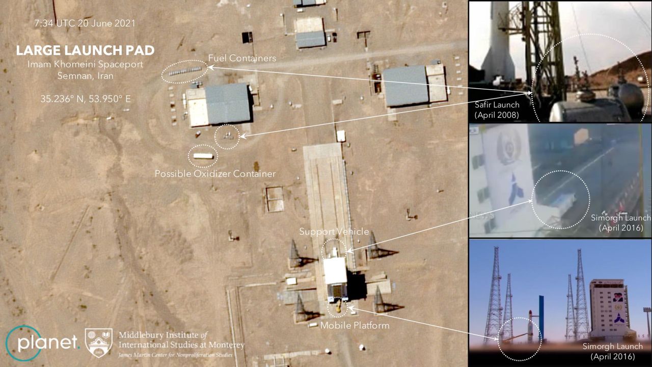 On June 19 and 20, Planet captured two images that showed Iran was again making preparations for a launch of the Simorgh, according to experts at the Middlebury Institute of International Affairs at Monterey.