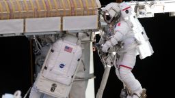 (June 20, 2021) --- Spacewalkers (from left) Shane Kimbrough and Thomas Pesquet work to complete the installation of a roll out solar arrays on the International Space Station's P-6 truss structure.