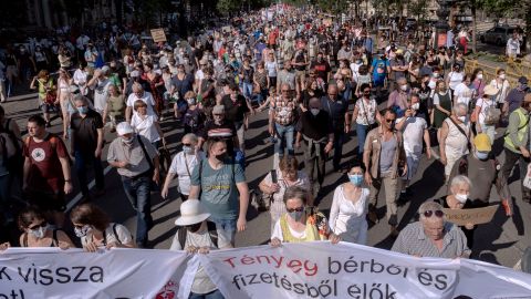 Protesters march in Budapest on June 5 during a demonstration against the planned Fudan University campus.
