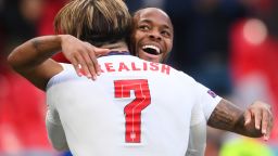 LONDON, ENGLAND - JUNE 22: Raheem Sterling of England celebrates with Jack Grealish after scoring their side's first goal during the UEFA Euro 2020 Championship Group D match between Czech Republic and England at Wembley Stadium on June 22, 2021 in London, England. (Photo by Laurence Griffiths/Getty Images)