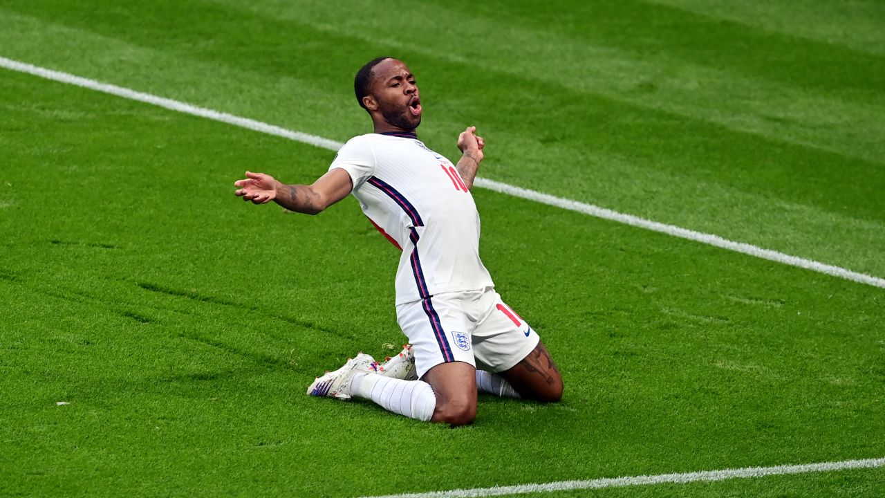 Raheem Sterling celebrates after scoring their team's first goal against Czech Republic.
