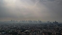 This aerial picture taken on June 9 shows air pollution over Jakarta. 