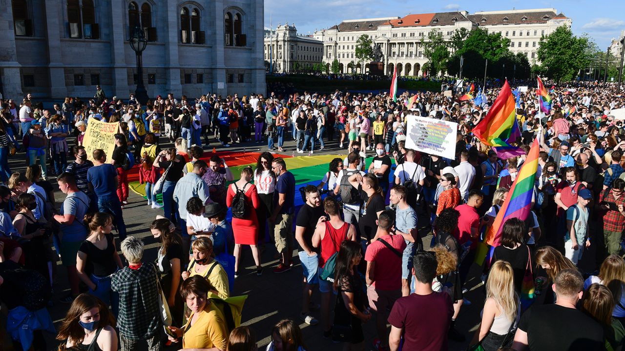 An LGBTQ rights demonstration takes place in front of the Hungarian Parliament in Budapest on June 14, 2021.
