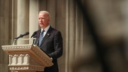 President Joe Biden speaks at the funeral ceremony of the late Senator John Warner at Washington National Cathedral on June 23, 2021 in Washington, DC.
