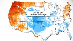 Temperatures across the West are expected to be well above normal this weekend, indicated by the yellow, orange and red colors. The blue colors show where areas may experience below normal temperatures on Saturday. 