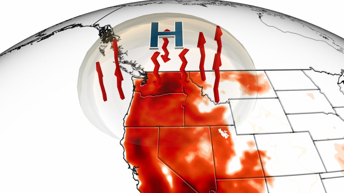 In a heat dome, high pressure acts as a lid on the atmosphere and as hot air tries to escape, the lid forces it back down, warming even more as it sinks.