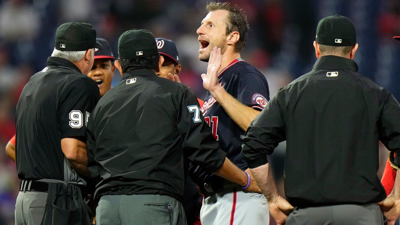Washington Nationals pitcher Max Scherzer is checked for foreign substances during a game Tuesday night in Philadelphia.