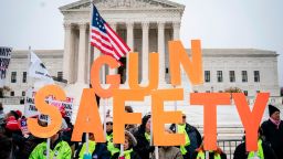WASHINGTON, DC - DECEMBER 2:  Gun safety advocates rally in front of the U.S. Supreme Court before during oral arguments in the Second Amendment case NY State Rifle & Pistol v. City of New York, NY on December 2, 2019 in Washington, DC. Several gun owners and the NRA's New York affiliate challenged New York City laws concerning handgun ownership and and they contend the city's gun license laws are overly restrictive and potentially unconstitutional. (Photo by Drew Angerer/Getty Images)