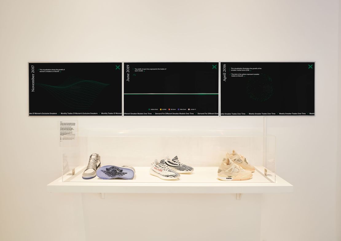 Sneakers on display at the London Design Museum's exhibit "Sneakers Unboxed."