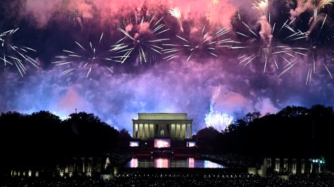 Fireworks explode over the Lincoln Memorial during the Fourth of July celebrations in Washington, DC, July 4, 2019. 