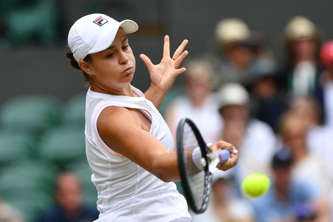 Barty hits a return against Harriet Dart at Wimbledon in 2019. 