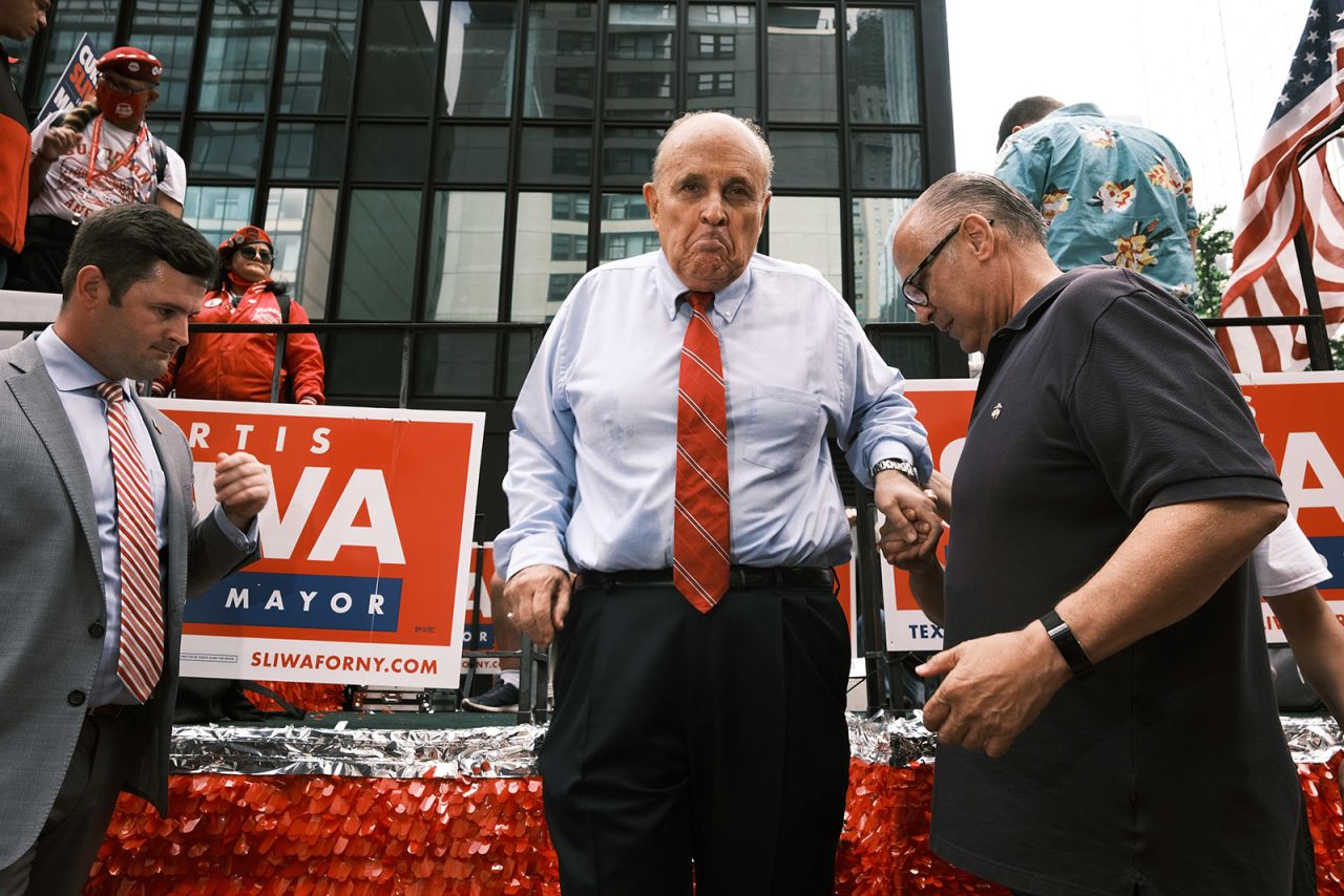 Giuliani makes a public appearance to support New York mayoral candidate Curtis Sliwa in June 2021.