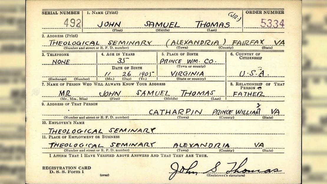 A draft card was one of the documents used to verify that John Samuel Thomas Jr. worked at the Virginia Theological Seminary. 