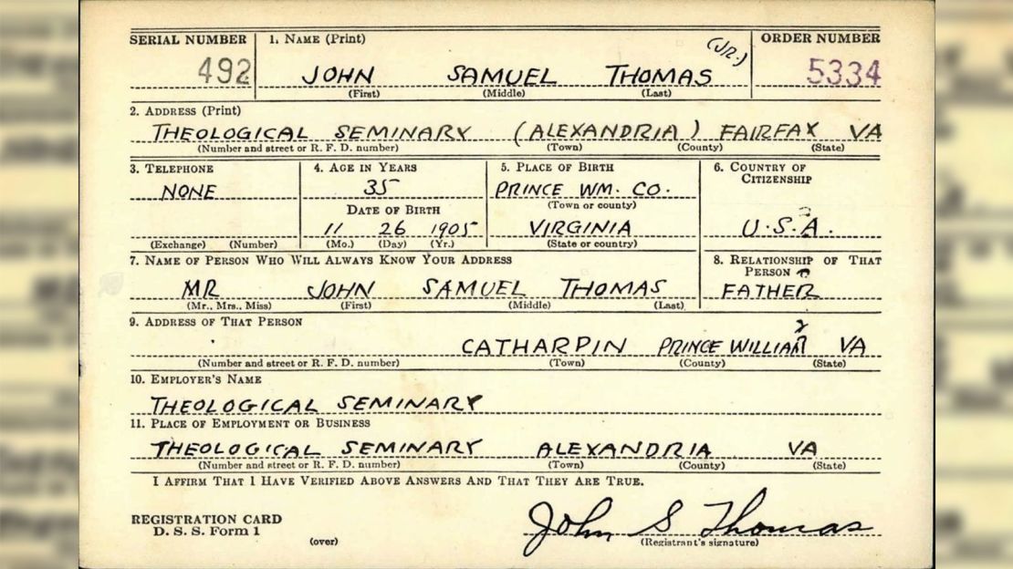 A draft card was one of the documents used to verify that John Samuel Thomas Jr. worked at the Virginia Theological Seminary.