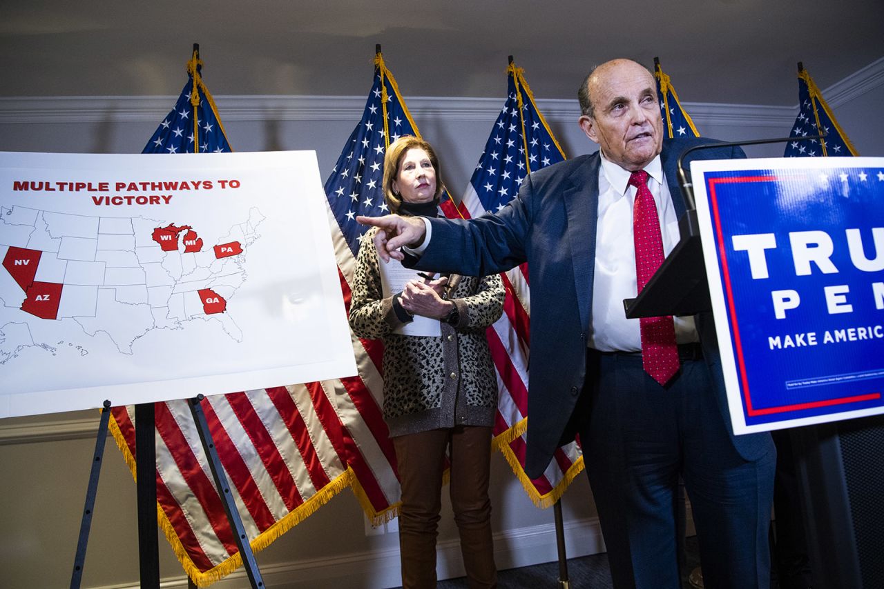 Giuliani conducts a news conference regarding the outcome of the 2020 presidential election. Trump put Giuliani in charge of his post-election challenges.