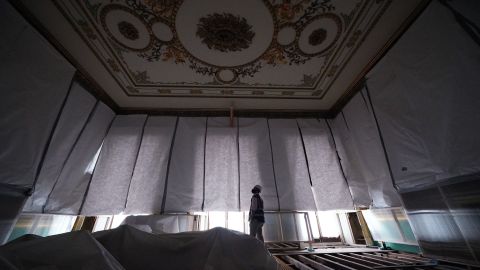 Here in the Centre Room, the delicate work of replacing aged wiring and plumbing continues.