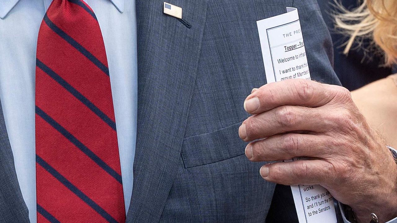 President Joe Biden holds a notecard as he speaks to the media outside the White House after a meeting with a bipartisan group of Senators on infrastructure negotiations on Thursday.