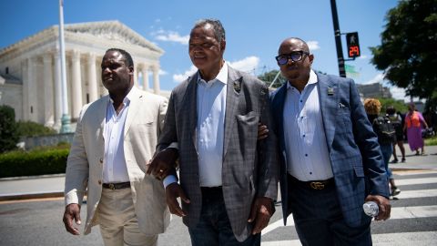 UNITED STATES - JUNE 23: Rev. Jesse Jackson participates in the Moral March on Manchin and McConnell, a rally held by the Poor Peoples Campaign, calling on them to eliminate the legislative filibuster and pass the "For The People" voting rights bill, outside the Supreme Court in Washington on Wednesday, June 23, 2021. (Photo by Caroline Brehman/CQ-Roll Call, Inc via Getty Images)