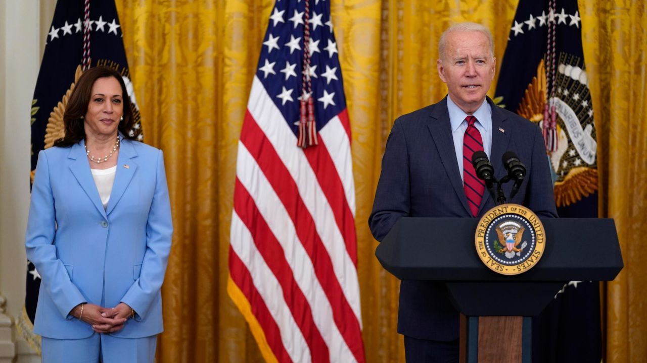 President Joe Biden speaks about infrastructure negotiations, in the East Room of the White House, Thursday, June 24, 2021, in Washington. Vice President Kamala Harris stands at left.