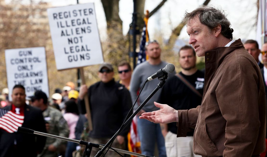 John Lott, author of "More Guns, Less Crime," speaks at a gun rights rally at the Connecticut State Capitol in Hartford on April 20, 2013. 