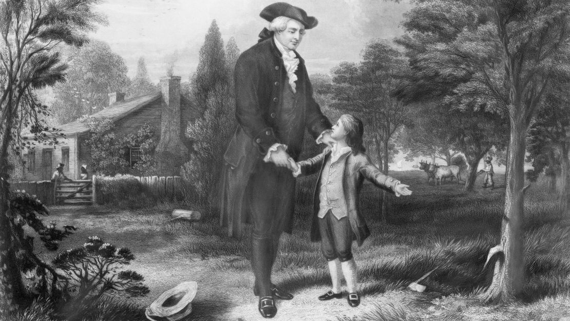 This illustration depicts the story of young George Washington chopping down the cherry tree, a popular tale that emphasizes the importance of honesty.