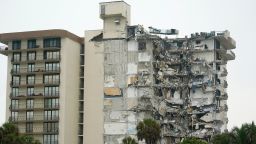 A view of a building is shown after a partial collapse, Thursday, June 24, 2021, in Surfside, Fla. A wing of a 12-story beachfront condo building collapsed with a roar in a town outside Miami early Thursday, trapping residents in rubble and twisted metal. (AP Photo/Wilfredo Lee)