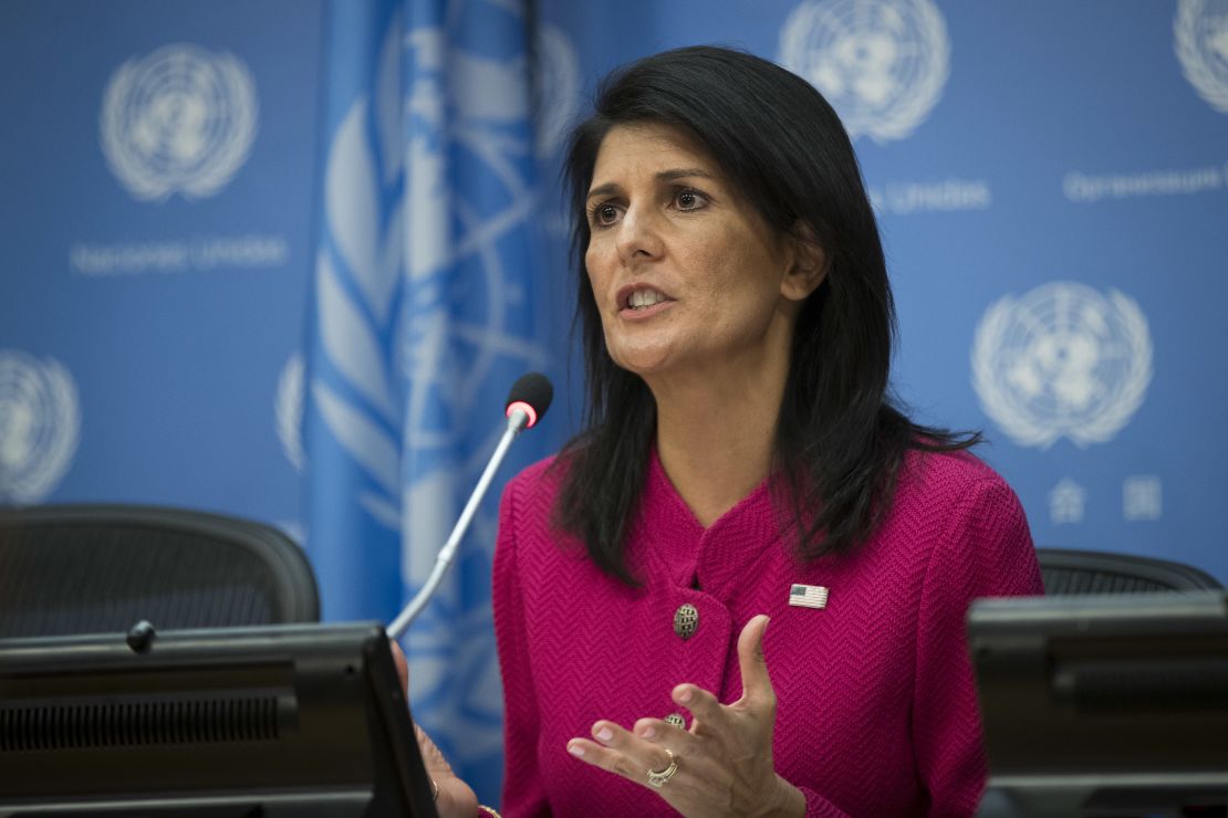 Haley answers questions during a press briefing at UN headquarters in 2017. 