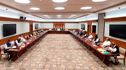 Members of various political parties meet with Indian PM Narendra Modi (center) and Home Minister Amit Shah (center right) in New Delhi on June 24. 