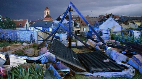 A view of the wreckage after a tornado hit the village of Moravska Nova Ves in the Hodonin district of South Moravia.