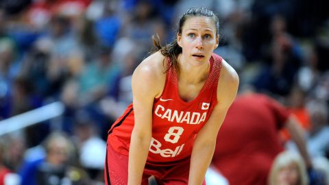 In this July 29, 2016 file photo, Canada's Kim Gaucher watches during a break in the second half of a women's exhibition basketball game in Bridgeport, Conn.