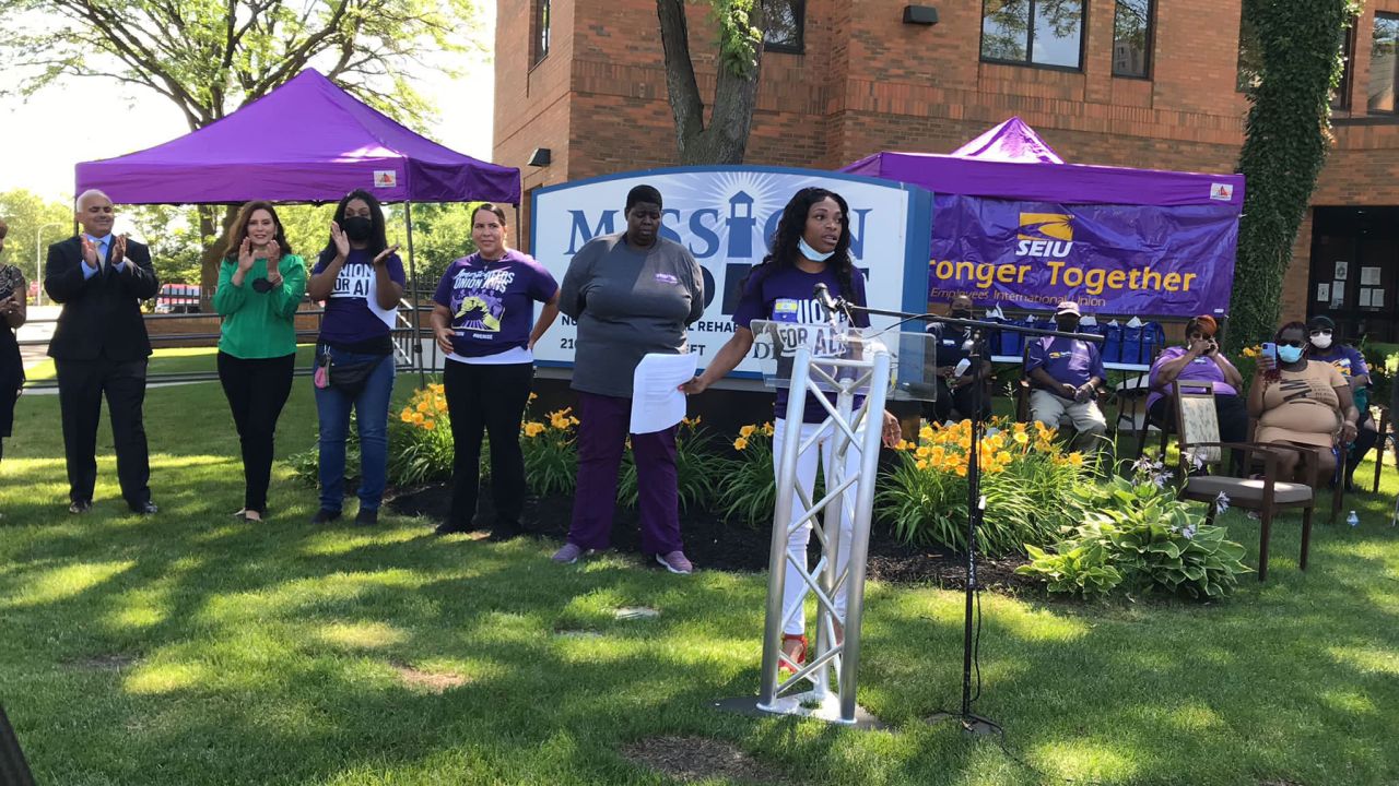 Chaunte Jones speaking at an "Essential Worker Appreciation Day" event with Gov. Gretchen Whitmer in Detroit, Michigan, earlier this month.