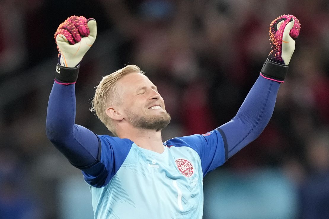 Kasper Schmeichel celebrates after Denmark's 4-1 victory over Russia.