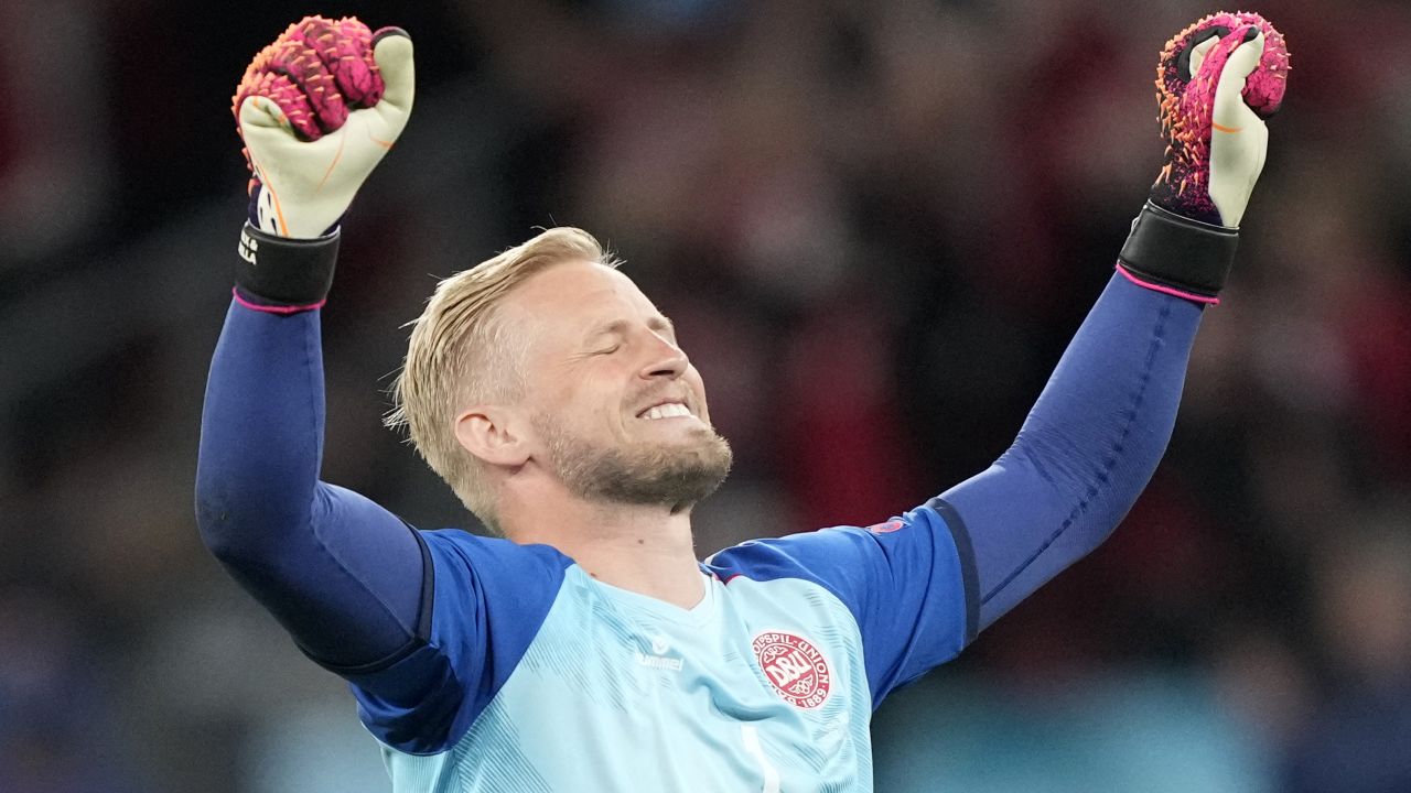 Kasper Schmeichel celebrates after Denmark's 4-1 victory over Russia.